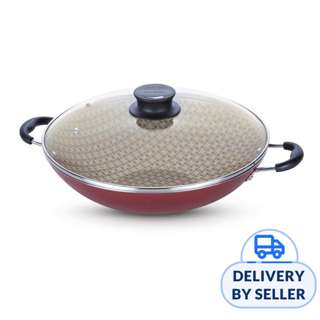 Tramontina Paris 36cm Wok w Glass Lid, Red/Non-Stick Tramontina Paris 36cm Wok w Glass Lid, Red/Non-Stick