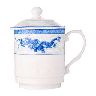 Cheng's Porcelain Mug With Cover 3.6" (Blue Dragon & Phoenix)