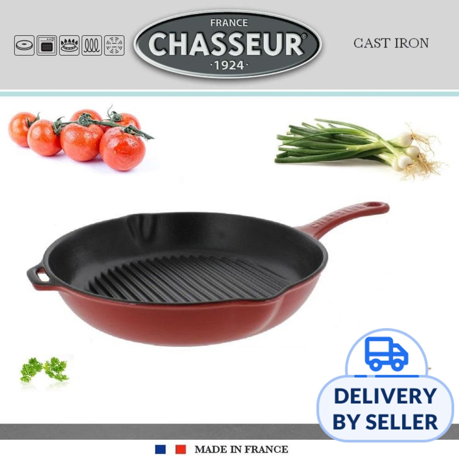 Chasseur Cast Iron Grill Pan Round 26cm Red Black NTUC FairPrice