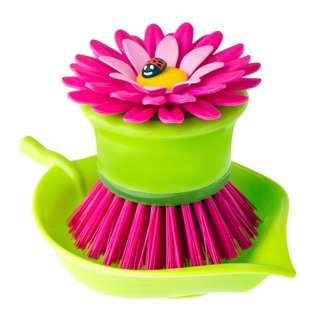 Vigar Flower Power Palm Dish Brush W/Holder Pink
