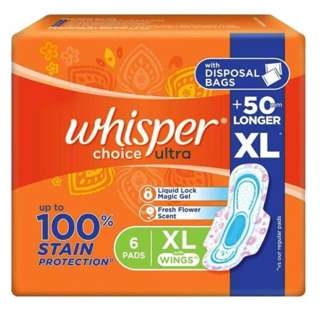 Whisper Choice Ultra Wing Pads, XL + 50mm Longer+Disposal Bag