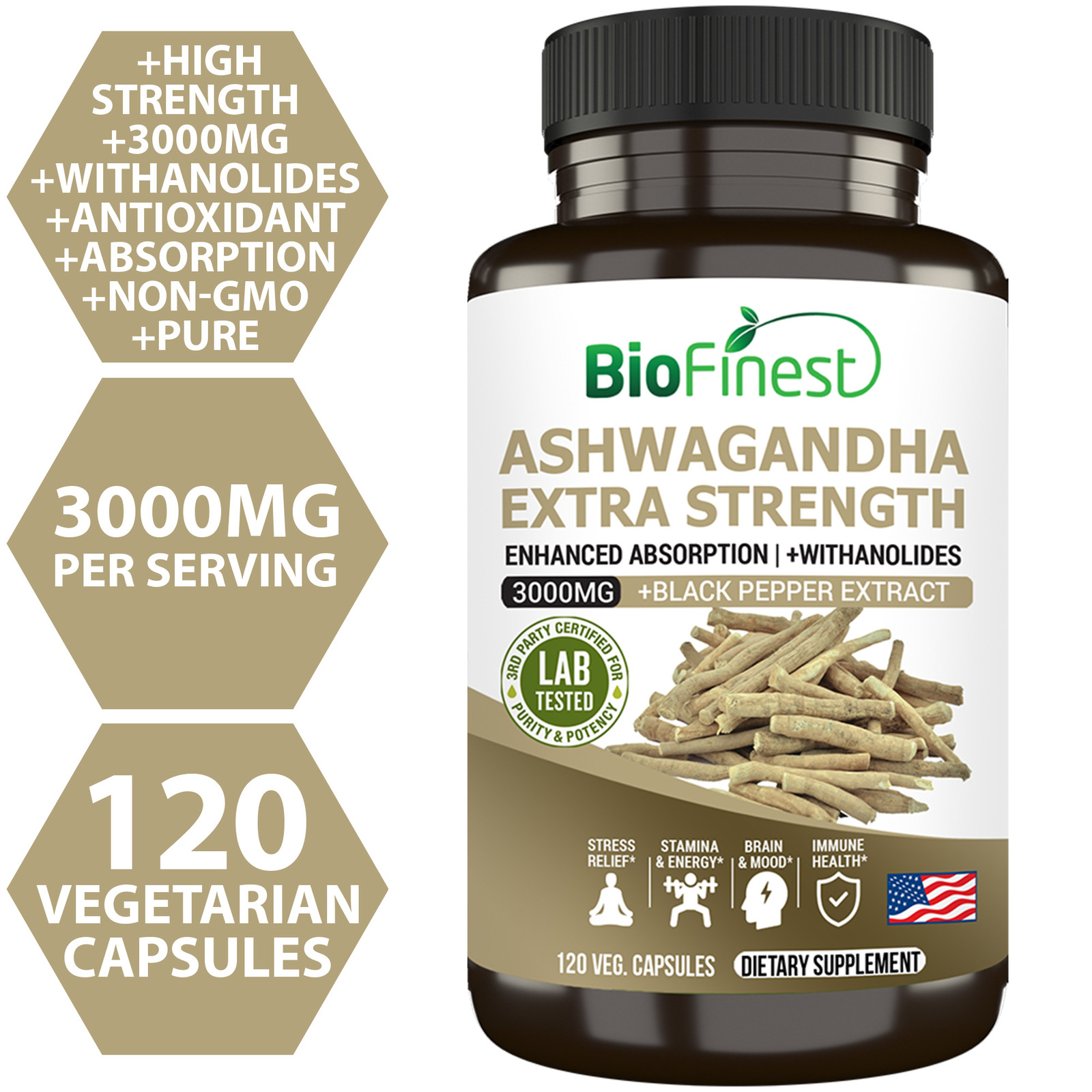 Biofinest Ashwagandha 3000mg Root Stress Anxiety Supplement