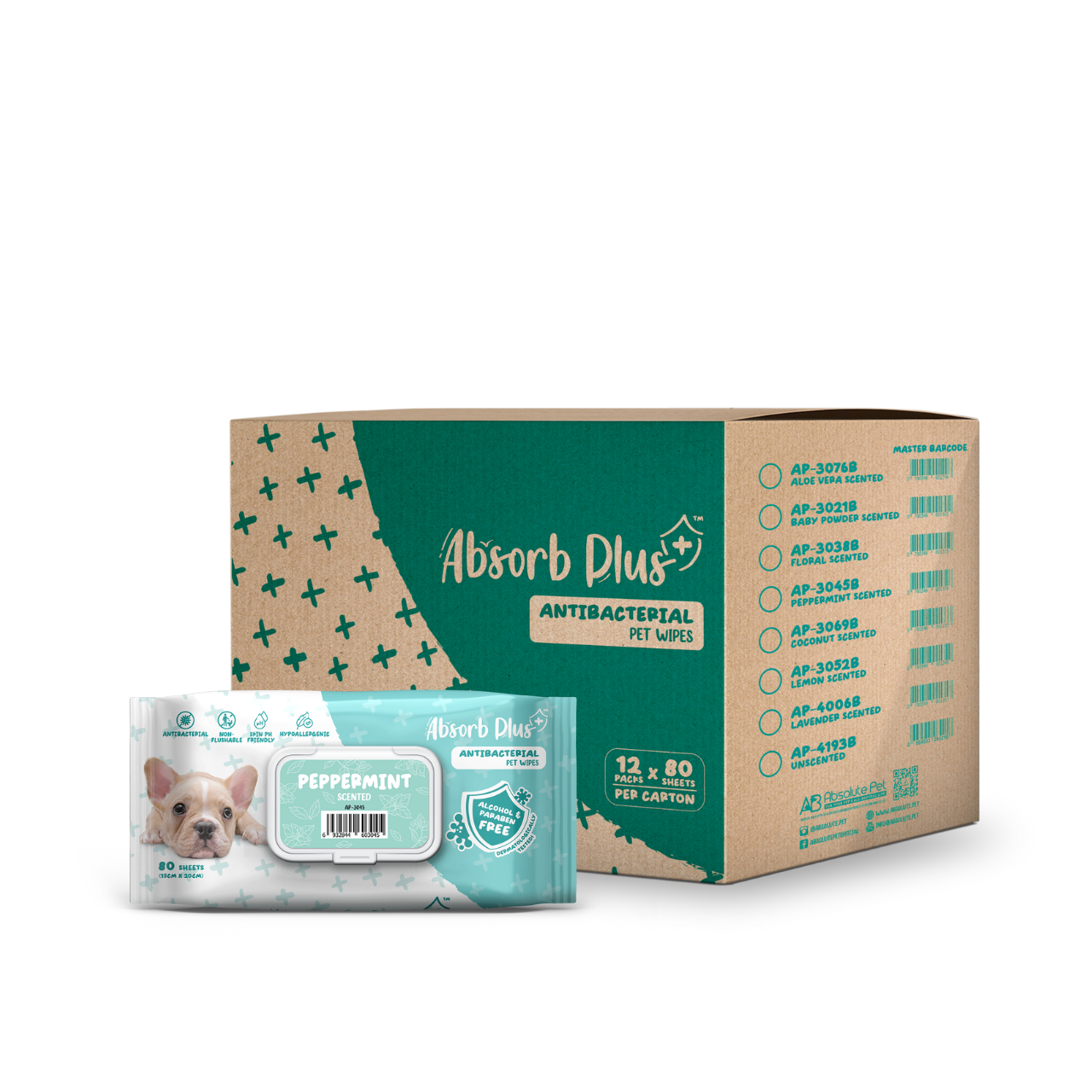 Absorb Plus Antibacterial Pet Wipes - Peppermint