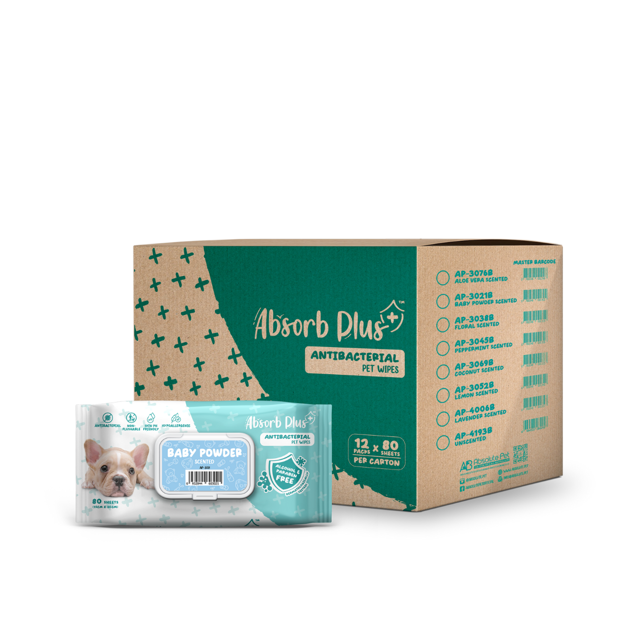 Absorb Plus Antibacterial Pet Wipes - Baby Powder