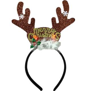 Partyforte Xmas Hairband-Glitter Reindeer Horn LED & Feathers