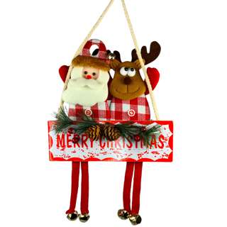 Partyforte 34*23cm Hang Wood Plush Deco - Santa & Reindeer