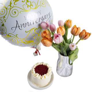 FNP Anniversary Wishes with Tulips and Cake