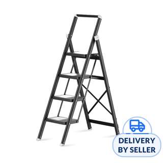 HOUZE Stáli 4-Tier Carbon Steel Ladder with Wide Pedal Black