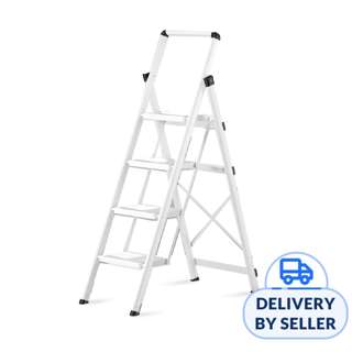 HOUZE Stáli 4-Tier Carbon Steel Ladder with Wide Pedal White