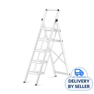 HOUZE Stáli 5-Tier Carbon Steel Ladder with Wide Pedal White