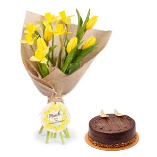 FNP Daffodils & Tulips Birthday Flower Bouquet with Cake