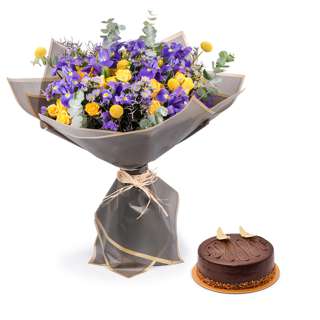FNP Iris Flower Bouquet and Birthday Chocolate Cake