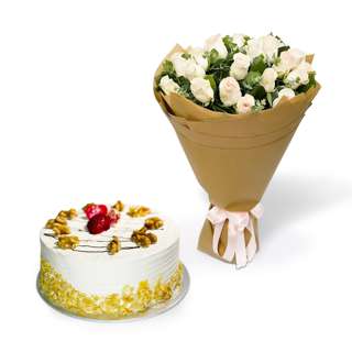 FNP Mocha Cake and Peach Rose Bouquet