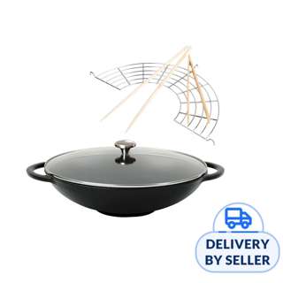 CHASSEUR Cast Iron Wok with Glass Lid Set 37cm 4.5Ltr - Black
