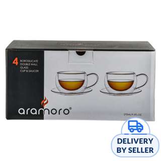Aramoro  Glass Double Wall Cup With Handle And Saucer