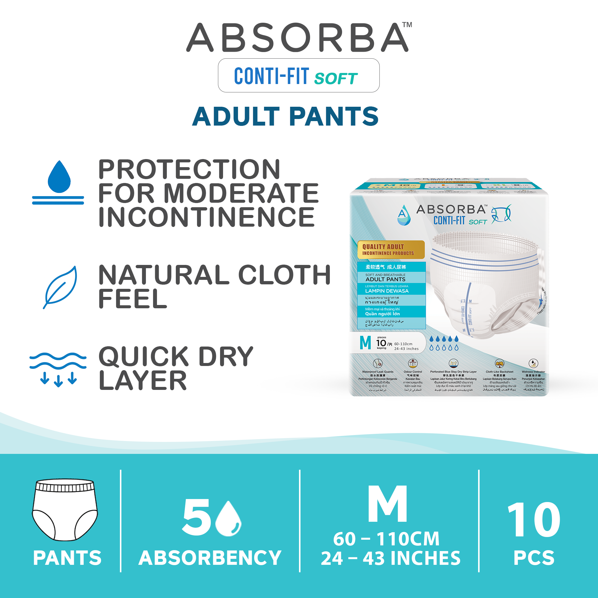 Absorba Conti Fit Soft Adult Diapers Pull Pants - M