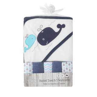 Mother's Choice 100%Cotton Hooded Towel Face Cloth-Navy Whale