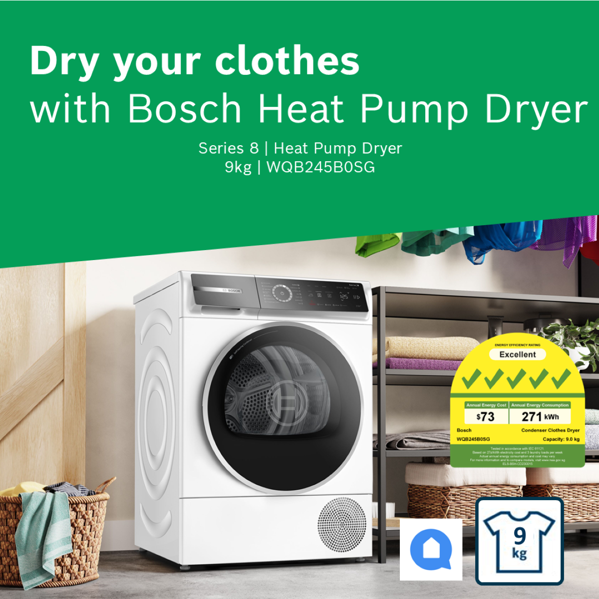 Bosch WQB245B0SG 9kg Heat Pump Dryer