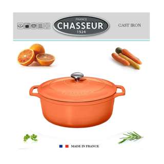 CHASSEUR Cast Iron Oval Casserole 33cm 7.1Ltr-Tangerine/Black