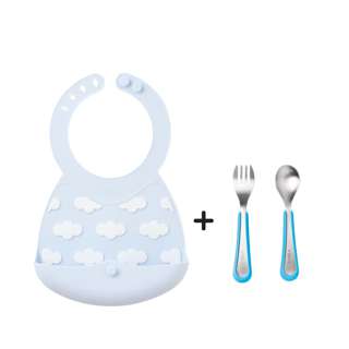 Viida Silicone Bib (Cloudy Blue) + Small Fork & Spoon (Blue) Viida Silicone Bib (Cloudy Blue) + Small Fork & Spoon (Blue)