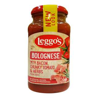 Leggo’s Pasta Sauce - Bolognese (Bacon- Chunky Tomato & Herbs) Leggo’s Pasta Sauce - Bolognese (Bacon- Chunky Tomato & Herbs)