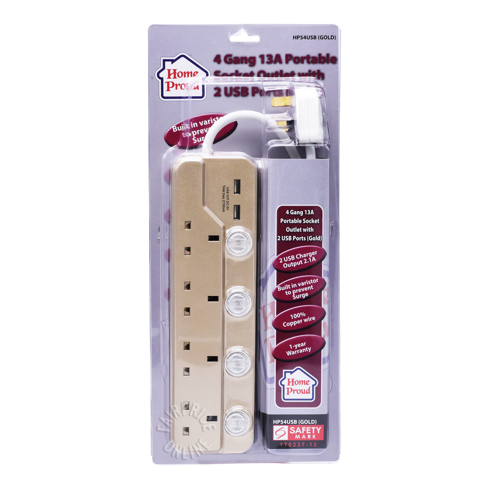 HomeProud Gold Extension Cord - 4 Way + USB (HP54USB)