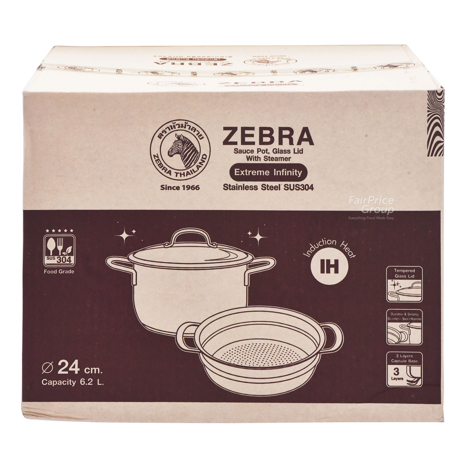 Zebra Stainless Steel Sauce Pot with Steamer Glass Lid | NTUC FairPrice