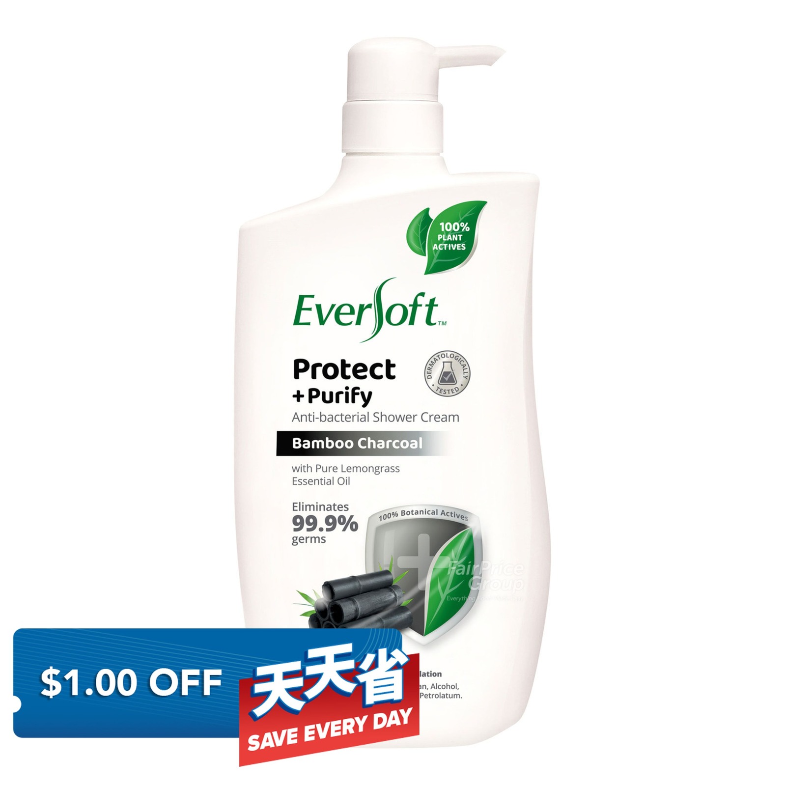 Eversoft Anti-Bacterial Shower Cream - Bamboo Charcoal | NTUC FairPrice