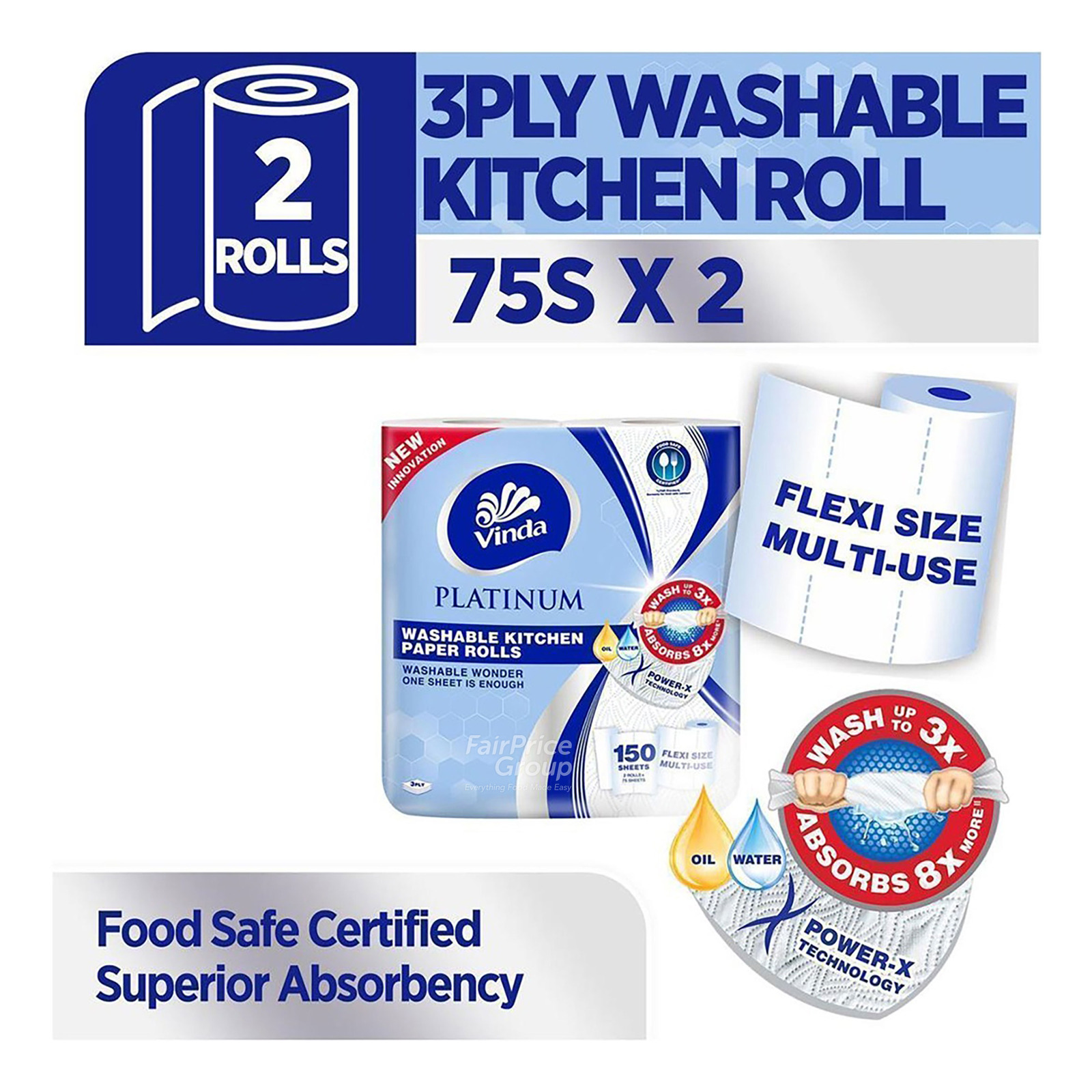 Vinda Platinum Kitchen Paper Rolls - Washable (3ply) | NTUC FairPrice