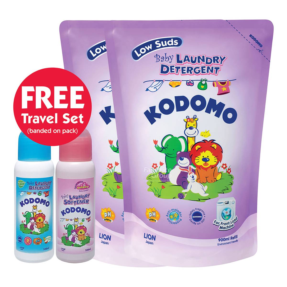 Kodomo Baby Laundry Detergent Refill Pack Low Suds + Free Travel Set