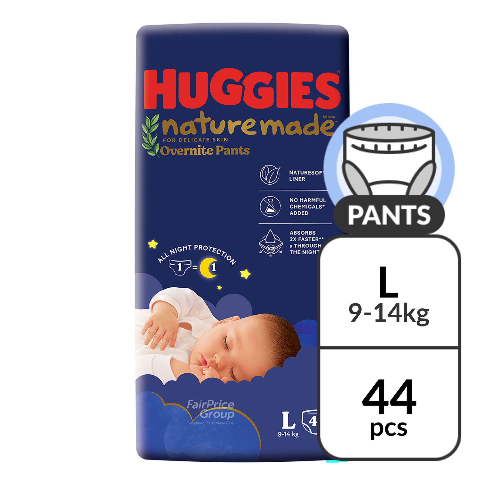 Huggies Baby Diaper Naturemade Overnite Pants - L (9-14kg) | NTUC
