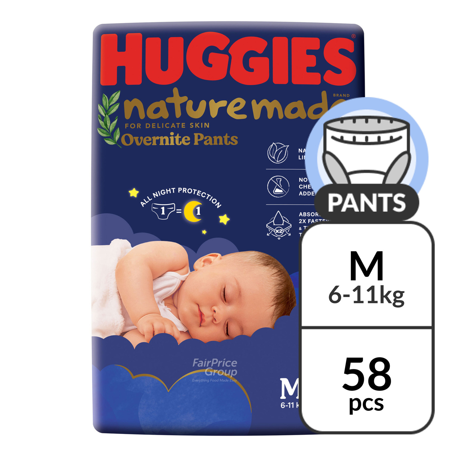 Huggies Baby Diaper Naturemade Overnite Pants - M (6-11kg) | NTUC