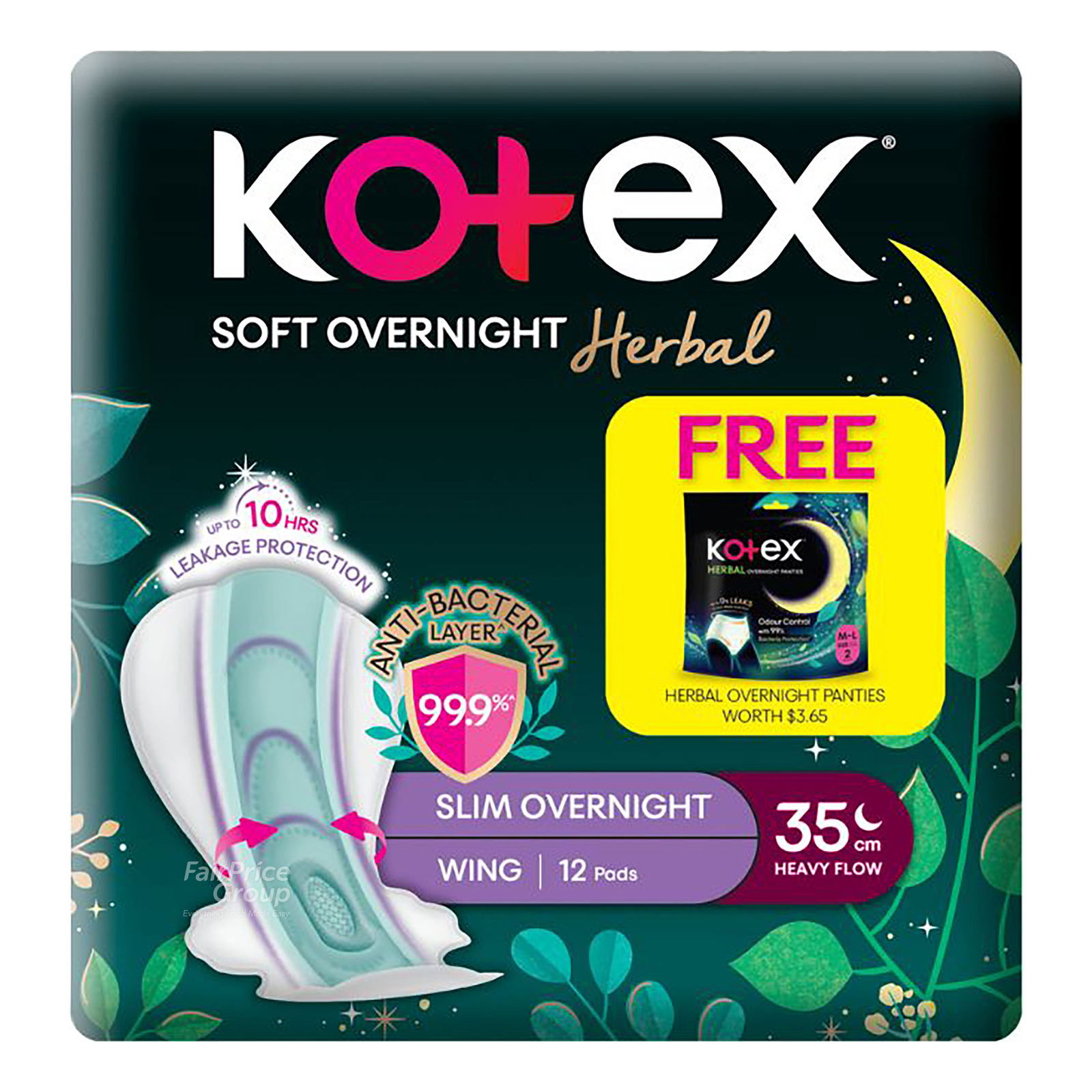 Kotex Soft Overnight Herbal Pad - 35cm + Free Panty | NTUC FairPrice