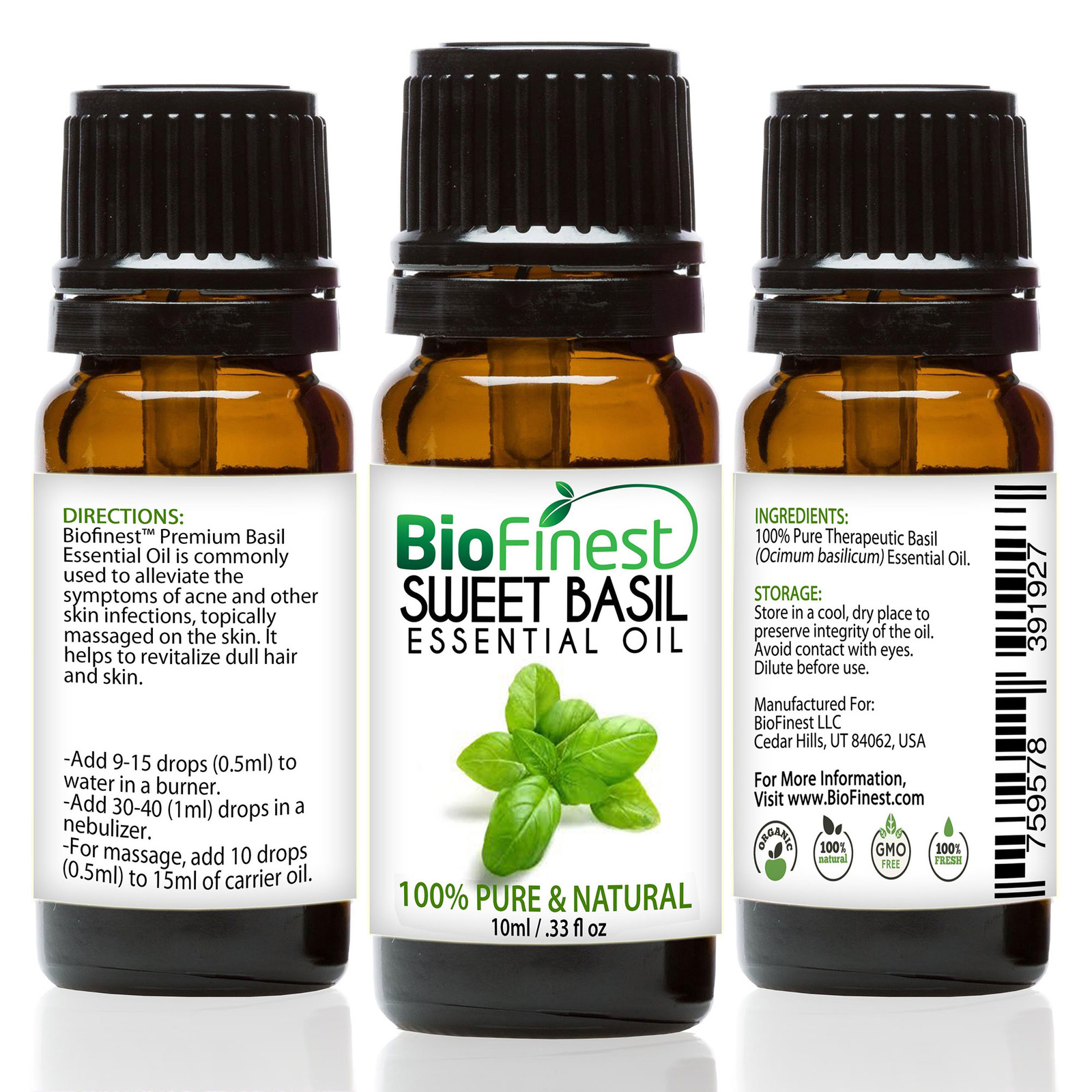 Biofinest Sweet Basil Essential Oil - 100% Pure Undiluted - Premium Organic - Therapeutic Grade - Aromatherapy - Fight Flu - Ease Fatigue - Remove Odors - Free E-Book (10Ml) (759578391927)