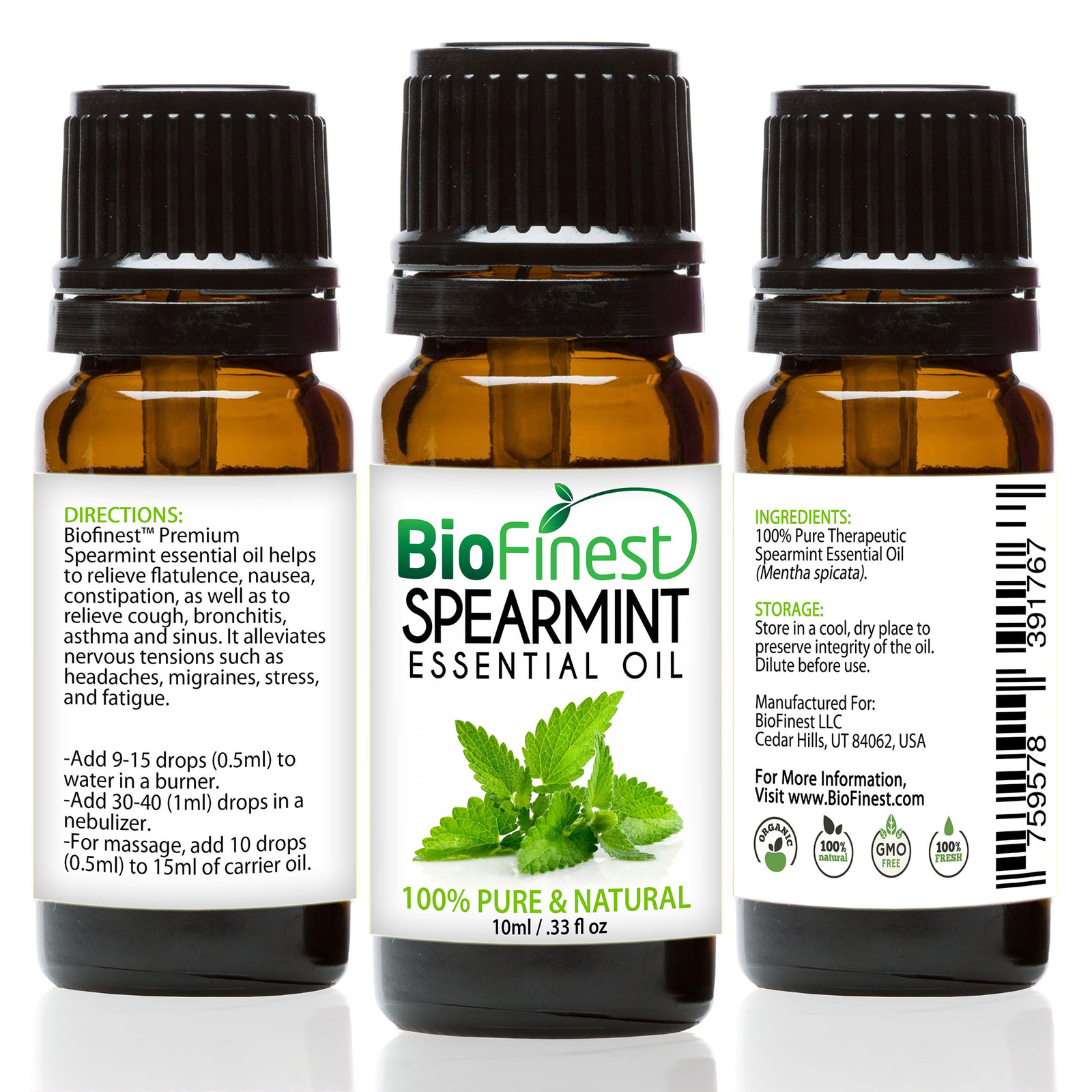 Biofinest Spearmint Essential Oil - 100% Pure Undiluted - Premium Organic - Therapeutic Grade - Best For Aromatherapy - Boost Digestion - Muscle Soothing - Free E-Book (10Ml) (759578391767)
