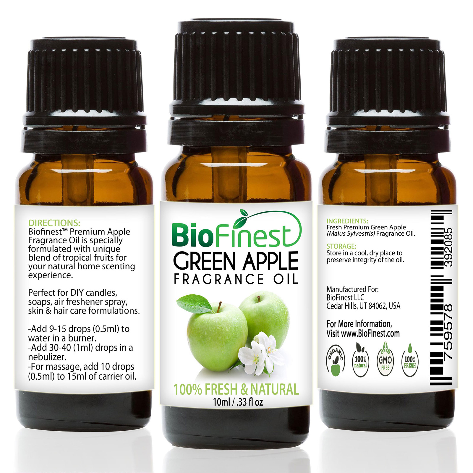 Biofinest Green Apple Fragrance Oil - 100% Pure & Natural - Fresh Home Scent - Air Refresher - Relaxing Aromatherapy - Food Flavoring, Cooking, Baking - Free E-Book (10Ml) (759578392085)
