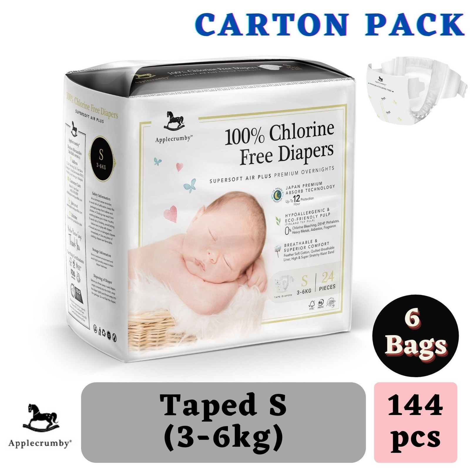 Applecrumby Chlorine Free Diapers S (36kg) NTUC FairPrice