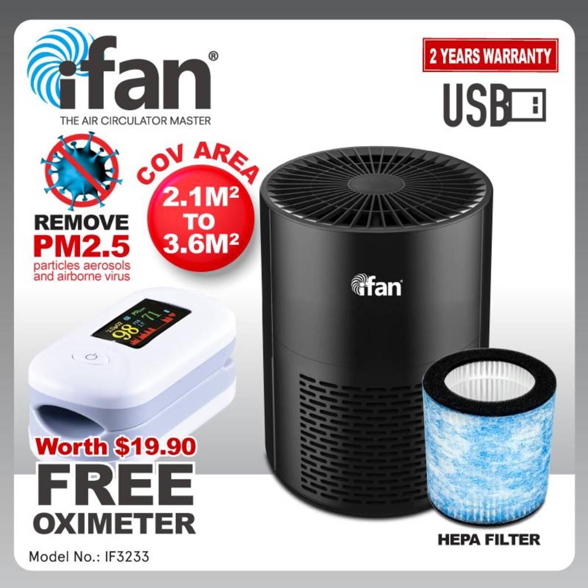 Ifan (IF3233) USB Air purifier with HEPA filter+Free Oximeter NTUC