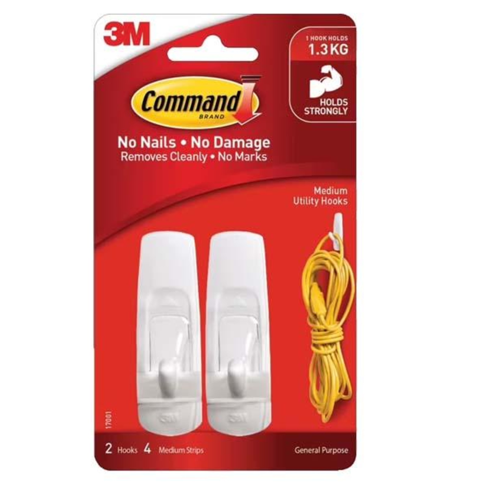 3M Command Medium Utility Hooks (1.3 KG) , 2 Hooks & 4 Strips NTUC