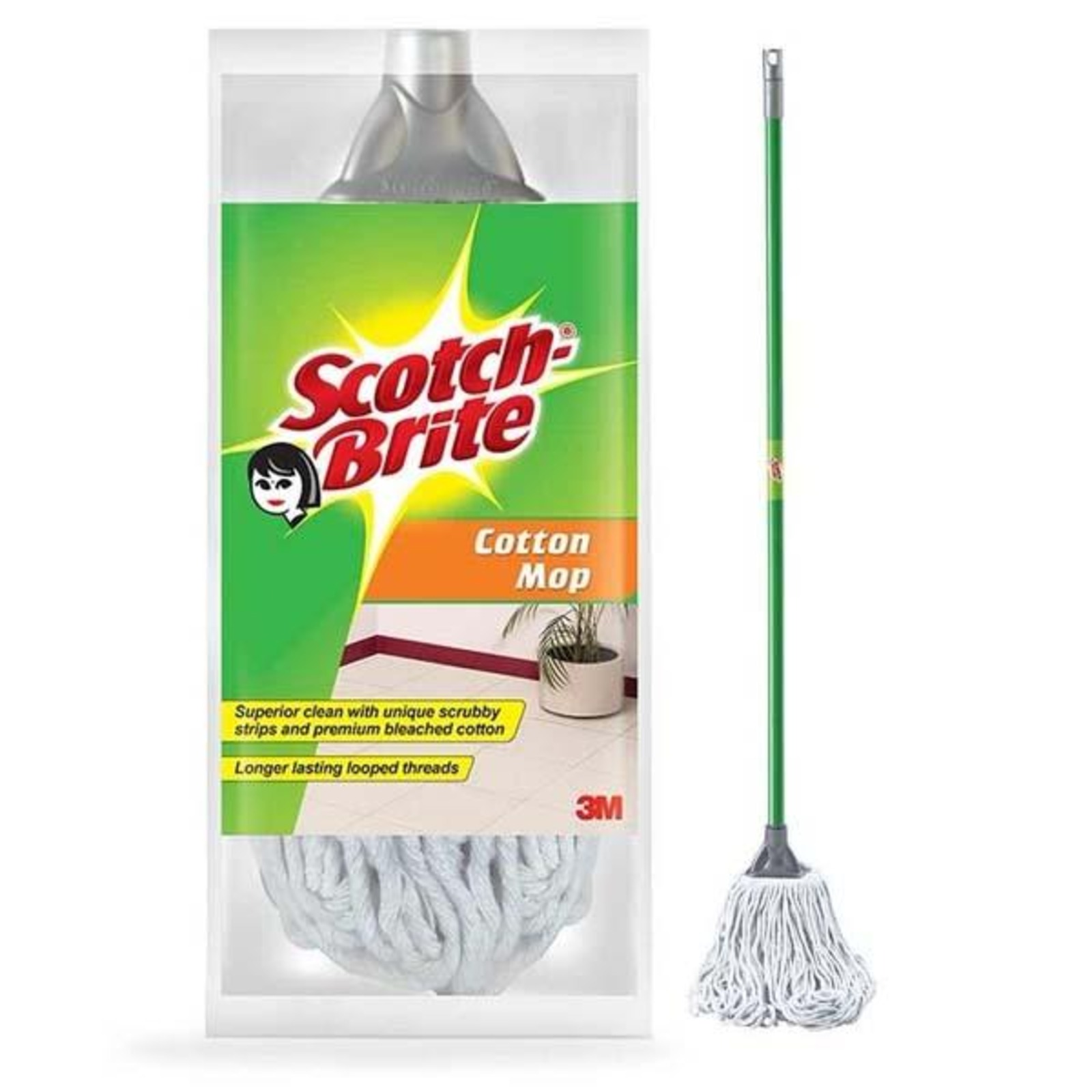 3M ScotchBrite Bleached Cotton Mop+Sturdy Handle, (mop+stick NTUC