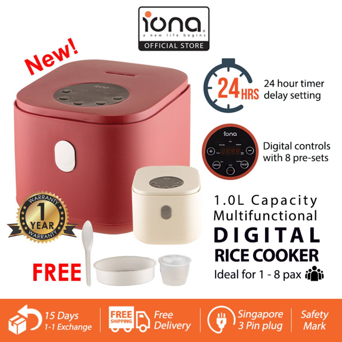 IONA 1.0L DIGITAL RICE COOKER W STEAMER RED NTUC FairPrice