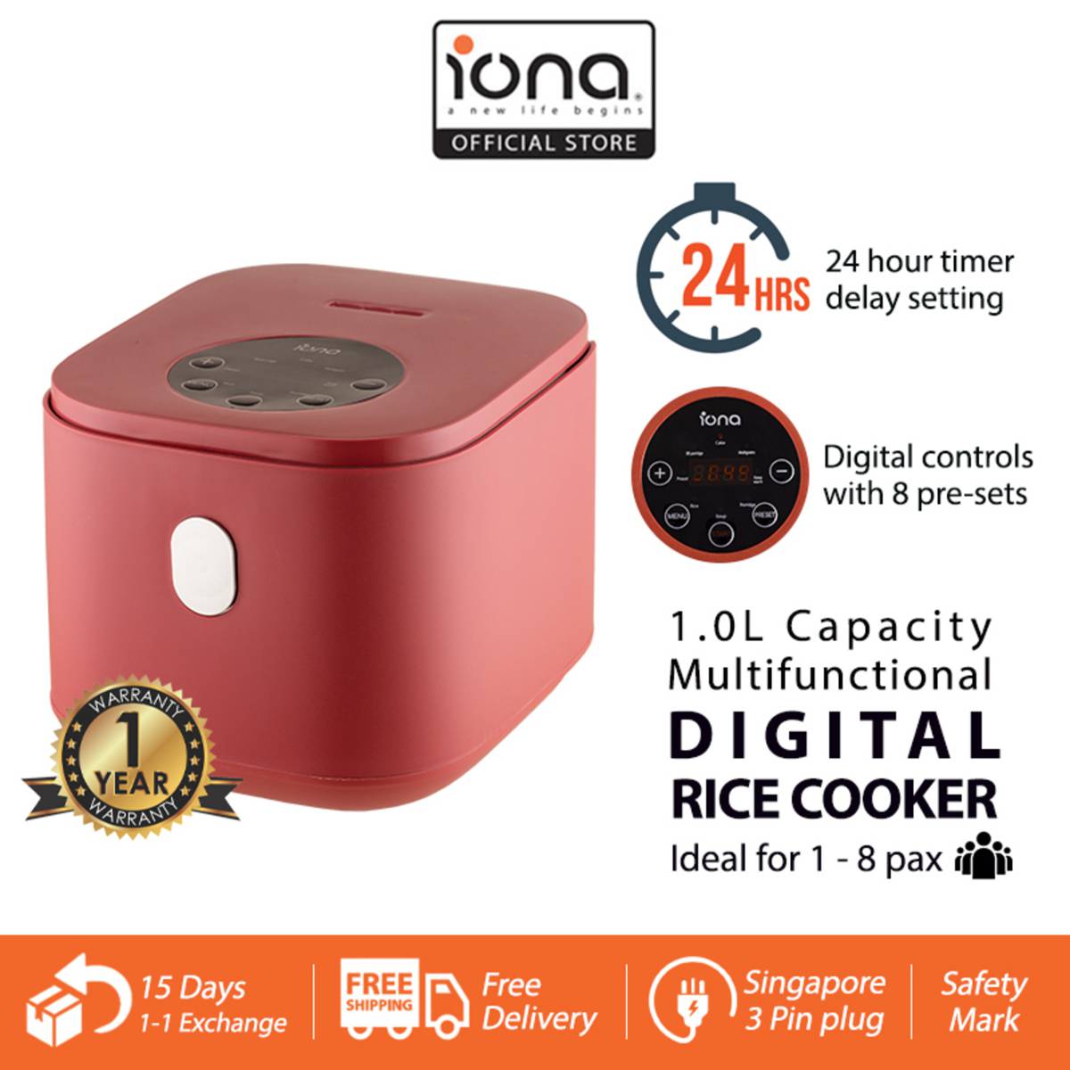 IONA 1.0L DIGITAL RICE COOKER W STEAMER RED NTUC FairPrice