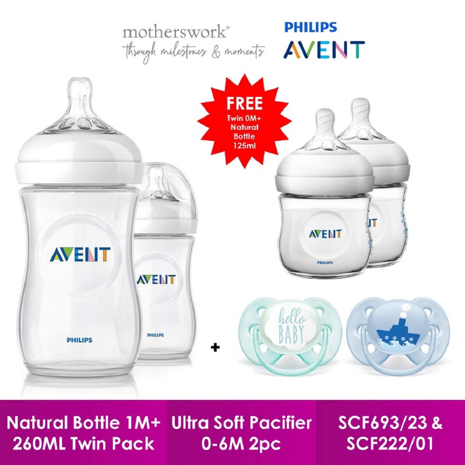 Philips Avent Natural Bottles 260ml & Pacifier (Free Bottles) NTUC