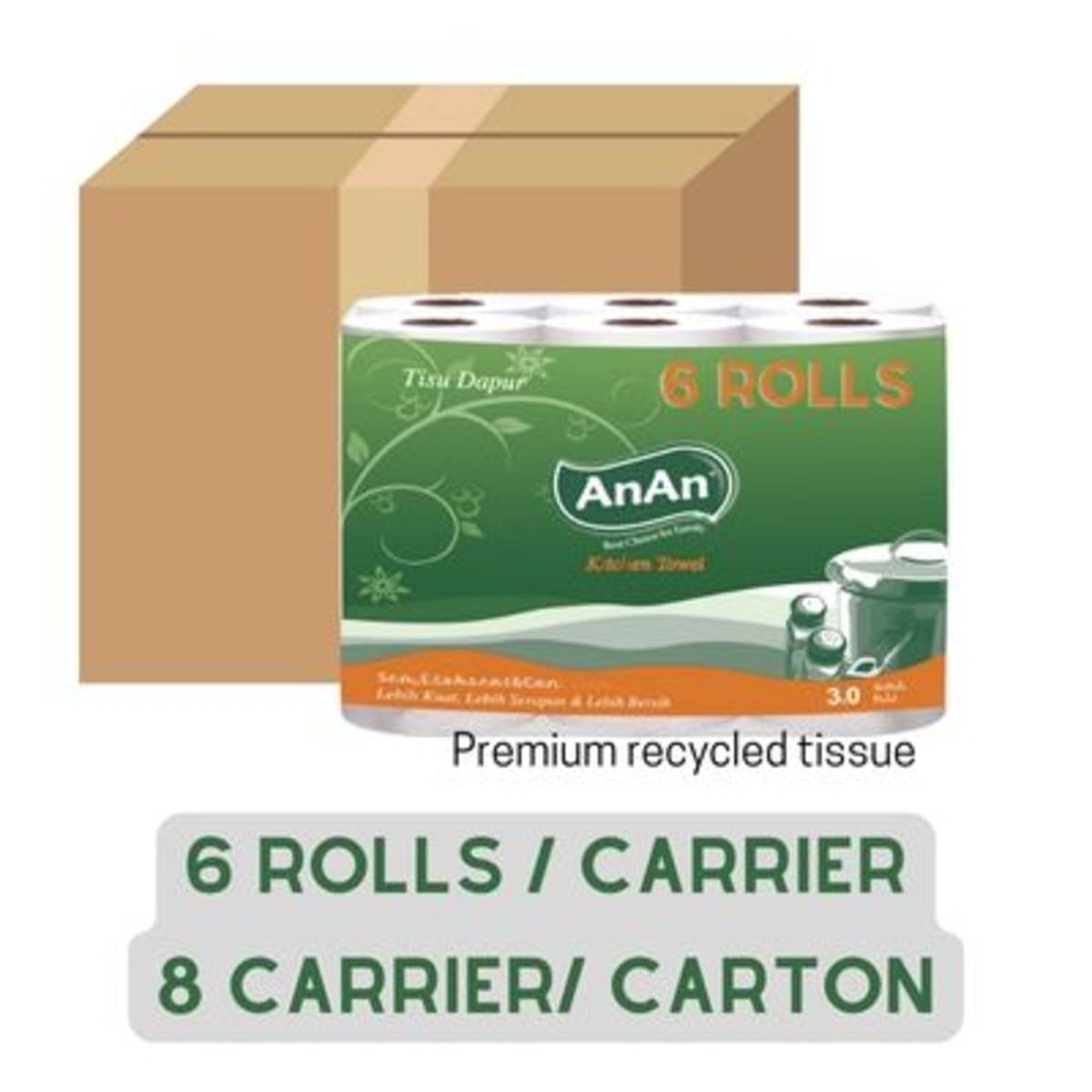 AN AN PREMIUM RECYCLED TISSUE KITCHEN TOWEL (8 X 6 ROLLS) NTUC FairPrice