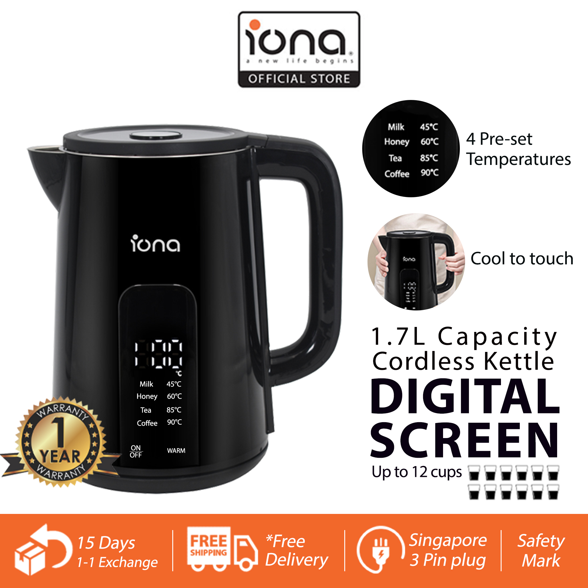 IONA 1.7L Digital Display Cordless Kettle NTUC FairPrice